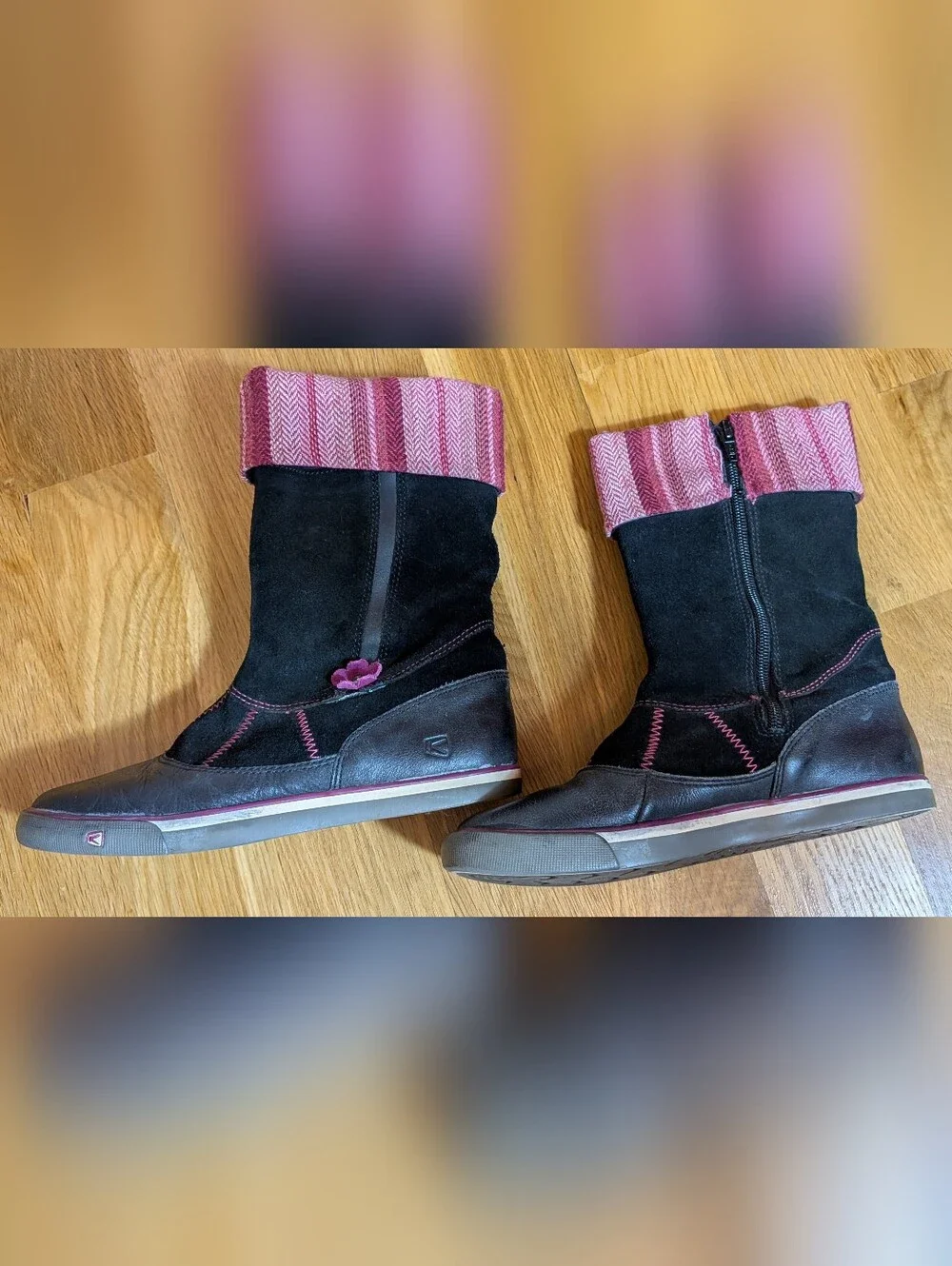 Keen Magalia Girls Black and Pink Suede Mid-Calf Boots with Fold-Over Cuff